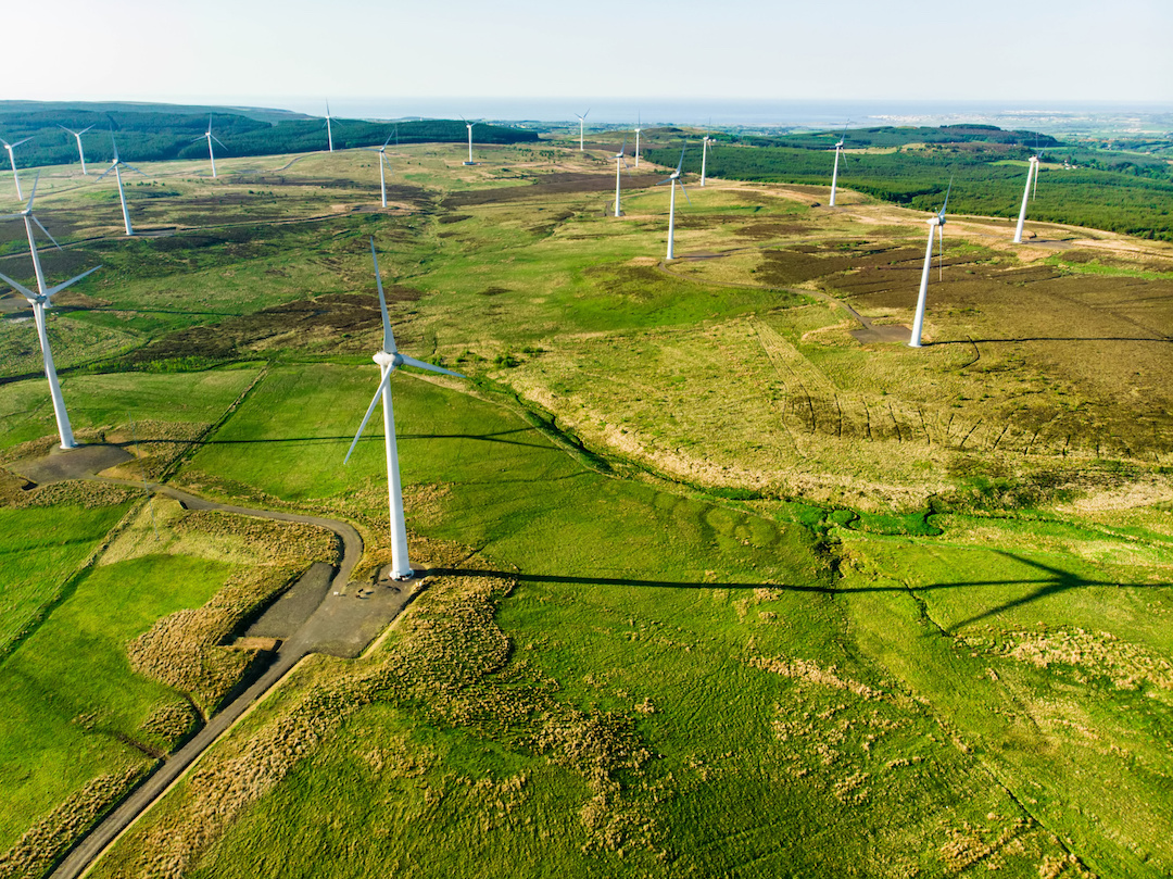 Aerial view of wind turbines generating power, in Connemara region, County Galway, Ireland