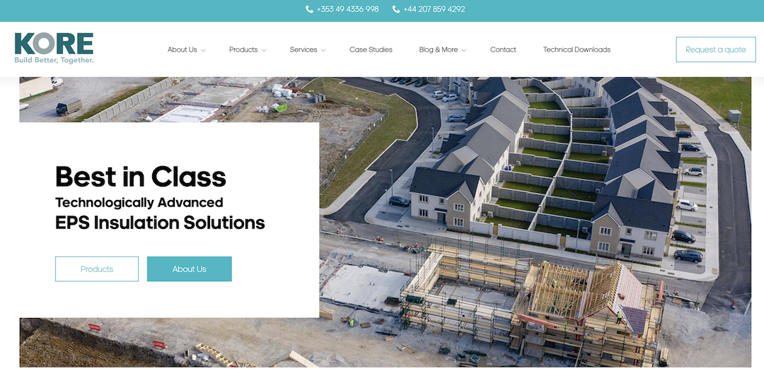 The new KORE Insulation website displayed a construction site and banner with the text Best in Class Technologically Advanced EPS Insulation Solutions